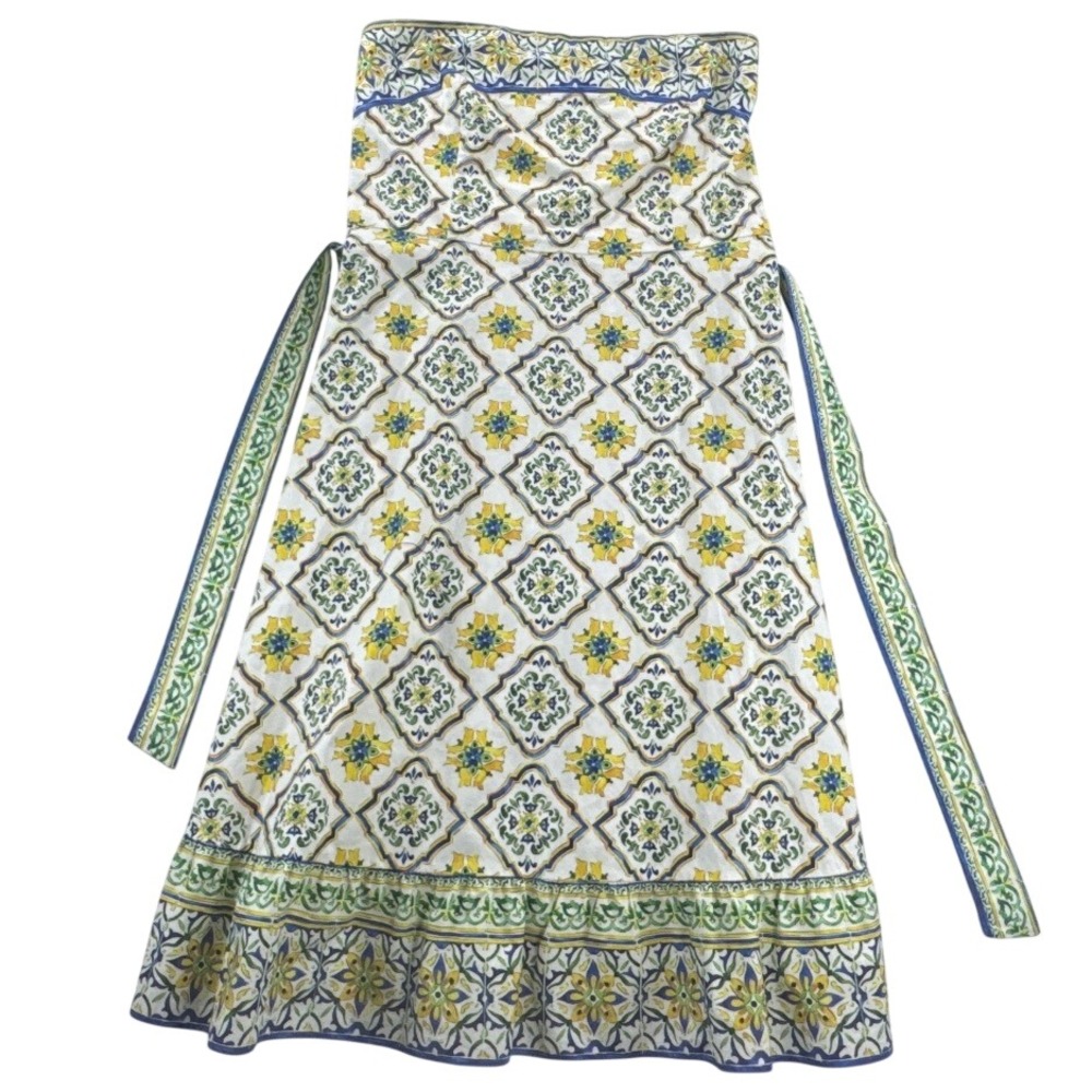 Antonio Melani Dress Womens 12 White Tile Print Strapless Midi Sun Dress Cotton - Picture 2 of 14